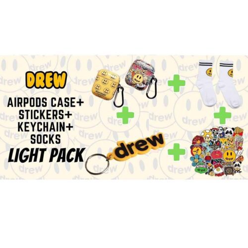 Drew x4 Pack: Airpods Case + Stickers + Keychain + Socks